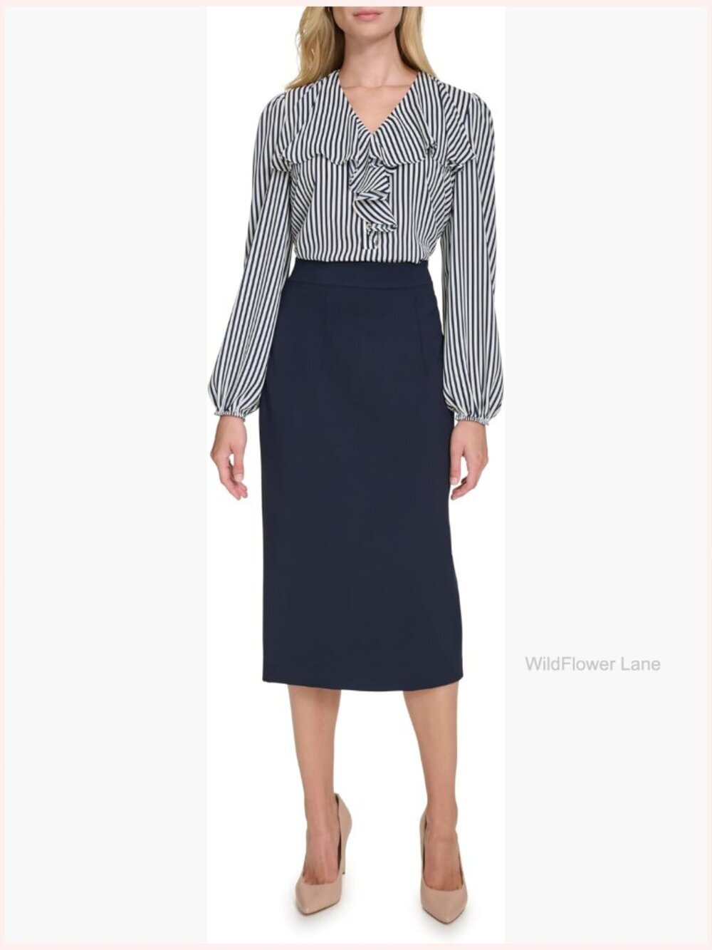 Long Sleeve Ruffle Shirt with Tie Neck - Striped Blouse